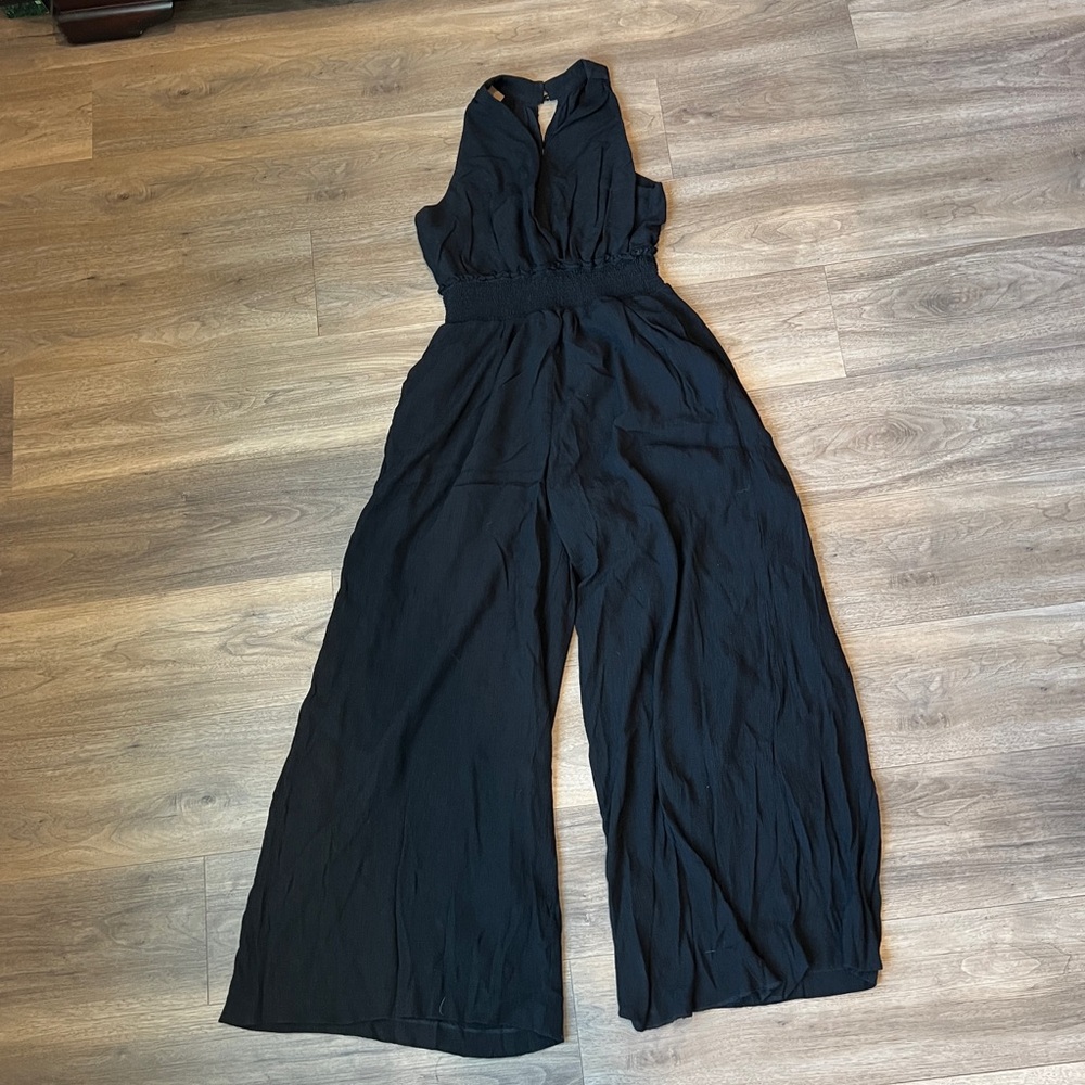 Anthropologie wide leg halter jumpsuit black crepe size L